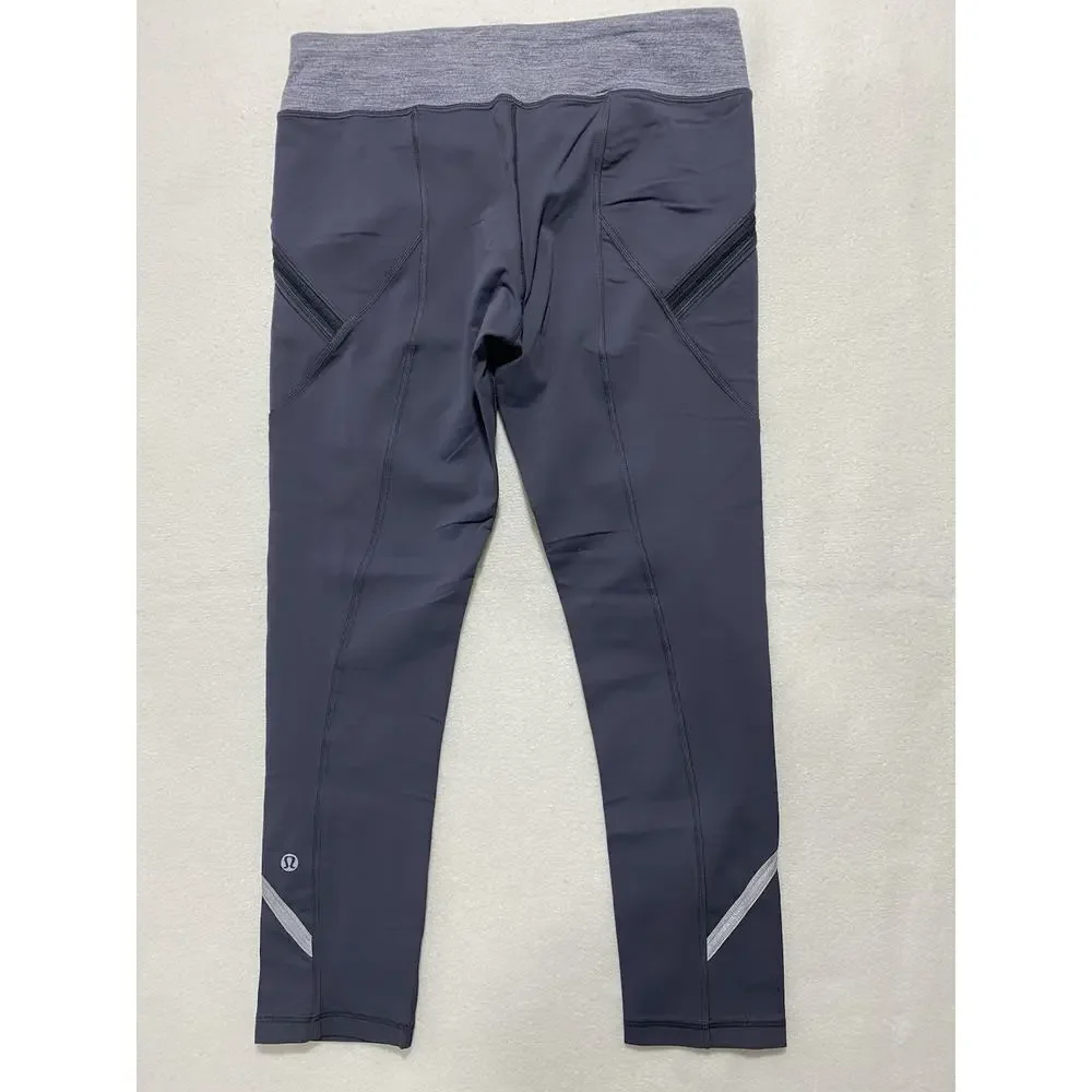 Lululemon Gray Running Capri Leggings Size 6 | Zip Pockets & Reflective Trim